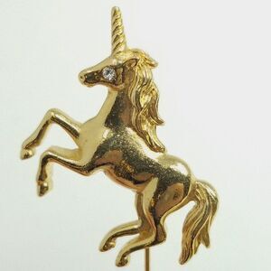 Vintage Unicorn Stick Pin, Gold Tone Rhinestone Eye Magical Creature Brooch